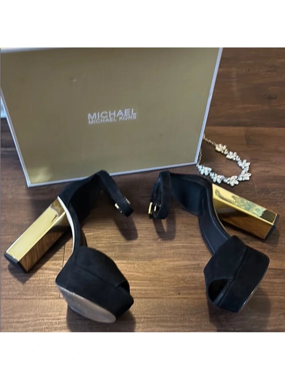 Michael Kors Black Suede Platform Sandals with Gold 3D Heel